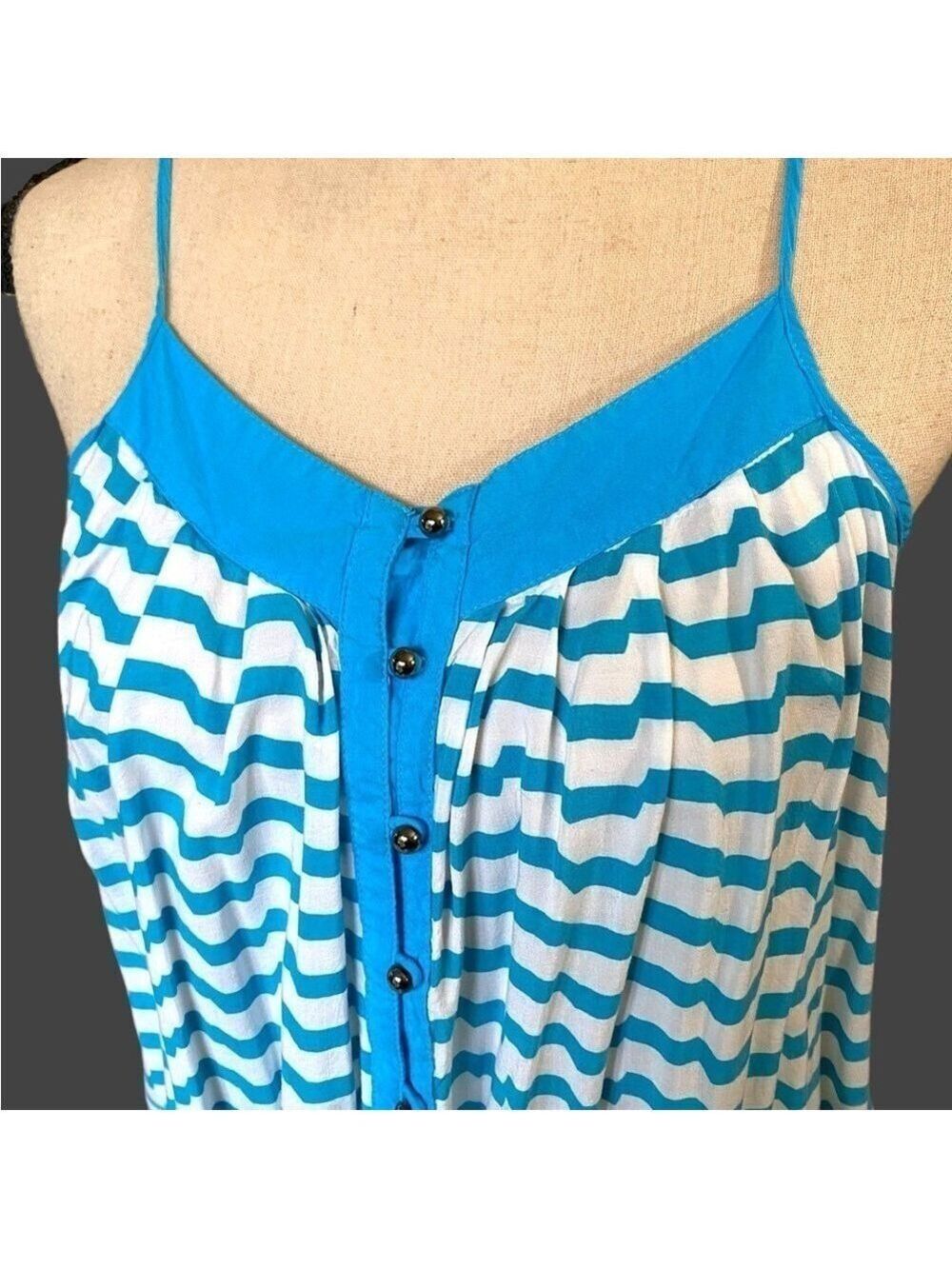 Naked Zebra-Large rayon top blue/white.  Silver buttons, adjustable straps. EUC!